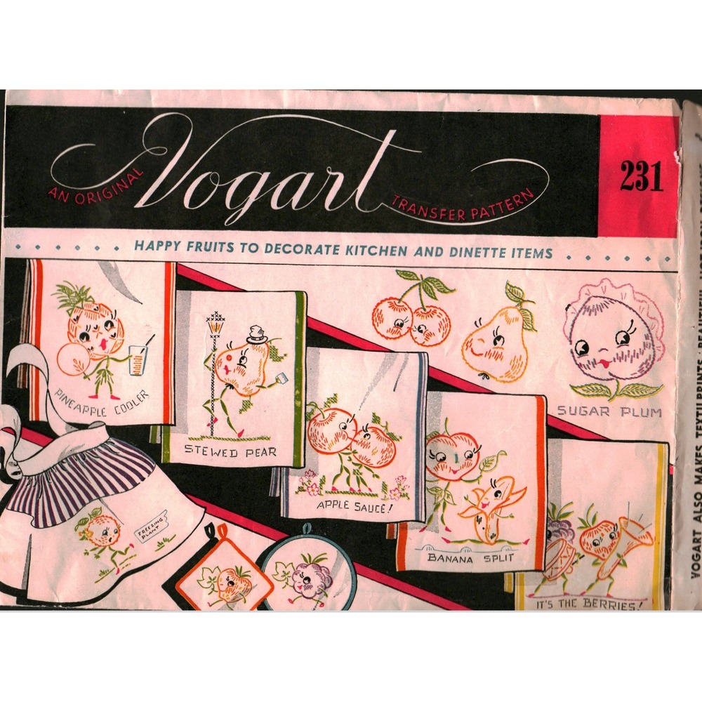 Vtg Vogart 231 Happy Fruits Embroidery Hot Iron Transfer Pattern Retro Kitchen